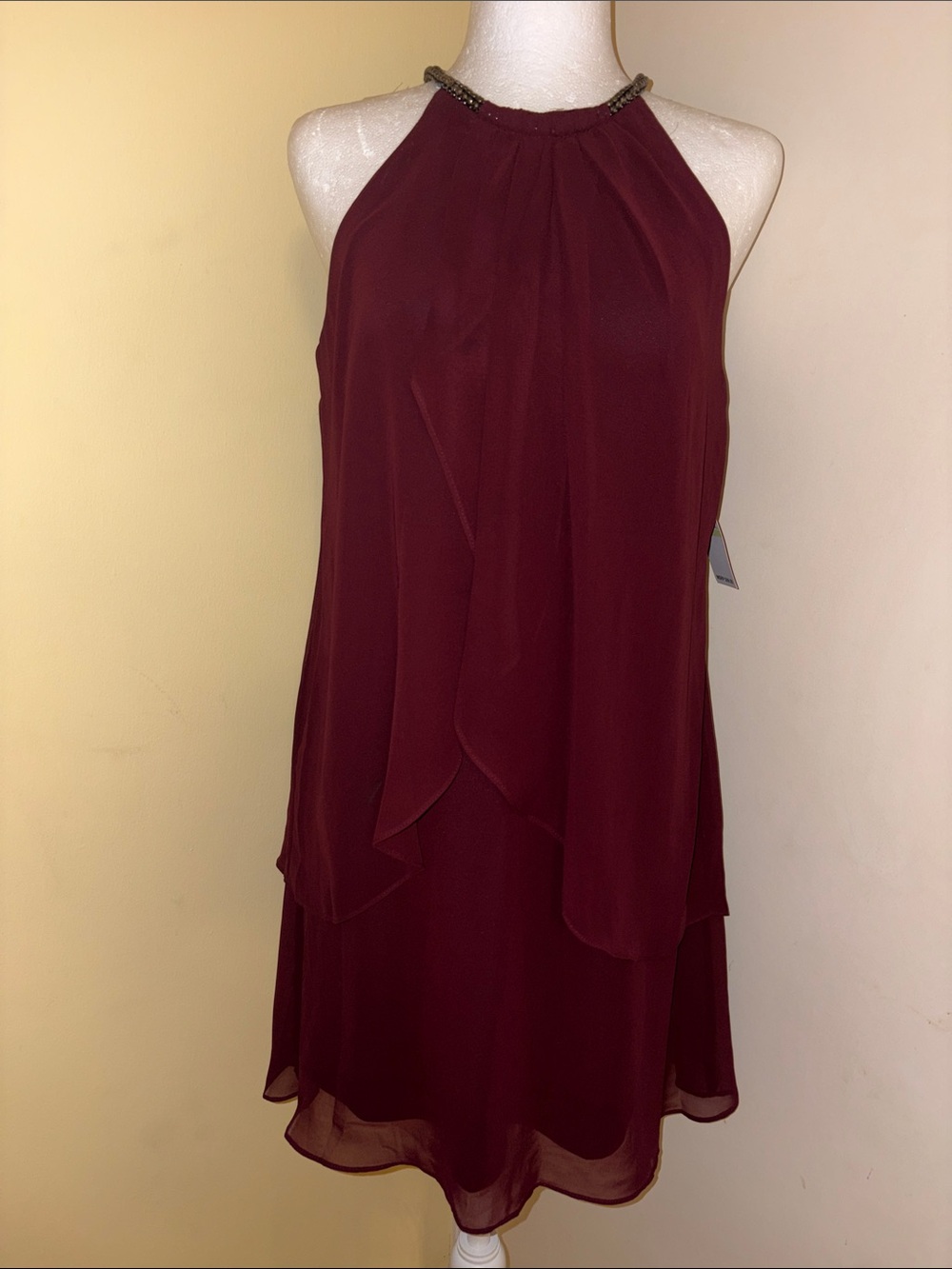 SLNY Burgundy Halter Dress with Rhinestone Neckline 4P New